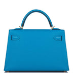 Hermes Bleu Frida Chevre Mysore Sellier Kelly 20cm Gold Hardware