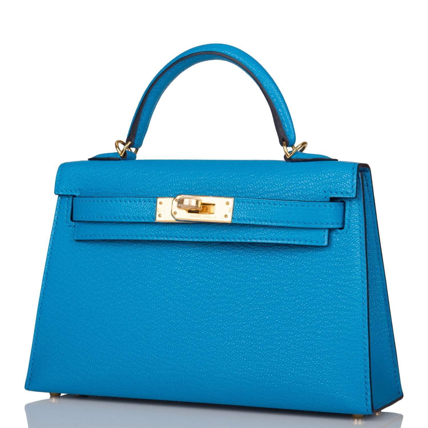 Hermes Bleu Frida Chevre Mysore Sellier Kelly 20cm Gold Hardware