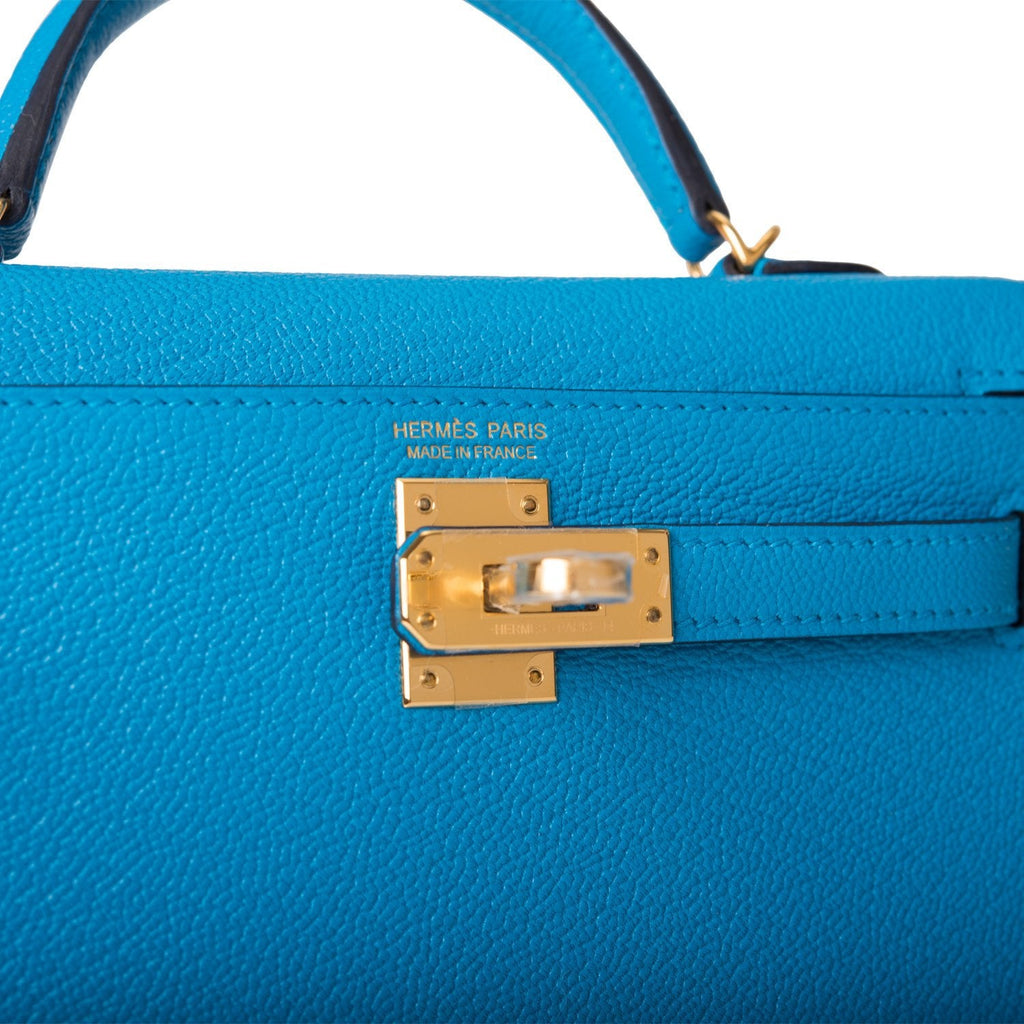 Hermes Bleu Frida Chevre Mysore Sellier Kelly 20cm Gold Hardware