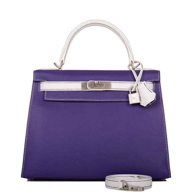 Hermes Kelly Sellier 28 Crocus and White Epsom Brushed Palladium Hardware Hover Image