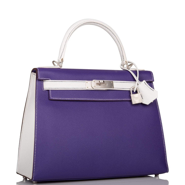 Hermes Kelly Sellier 28 Crocus and White Epsom Brushed Palladium Hardware Main Image