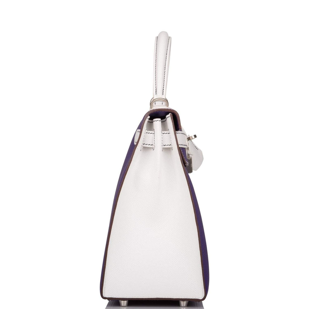 Hermes Kelly Sellier 28 Crocus and White Epsom Brushed Palladium Hardware