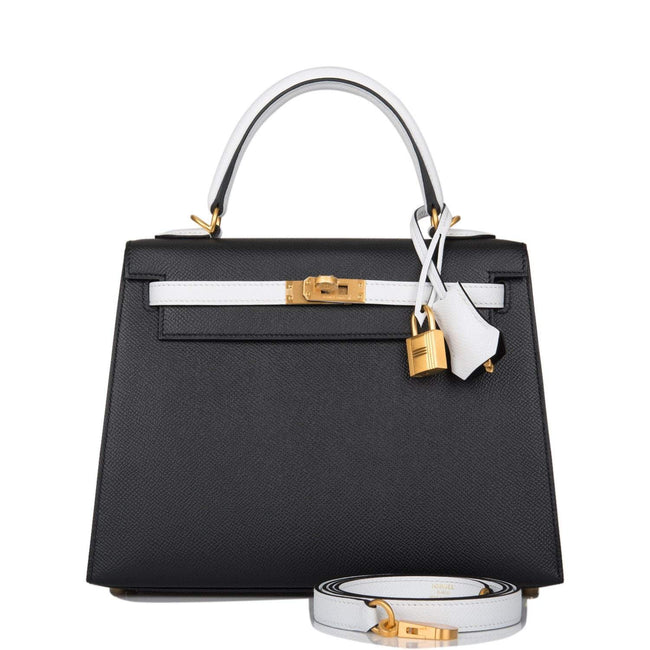 Hermes Kelly 28cm Bi-Color Black and Craie Epsom Sellier Brushed Gold Hardware Hover Image