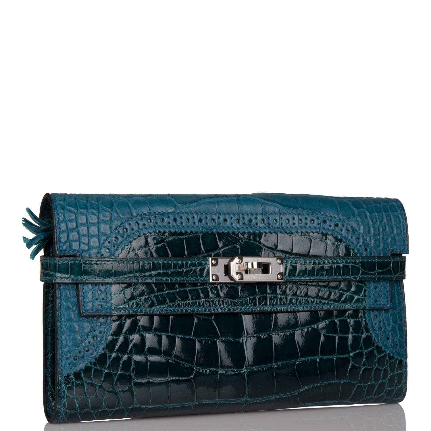Hermes Kelly Long Wallet Bleu Colvert Alligator Ghillies Palladium Hardware