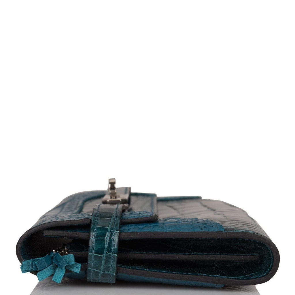 Hermes Kelly Long Wallet Bleu Colvert Alligator Ghillies Palladium Hardware