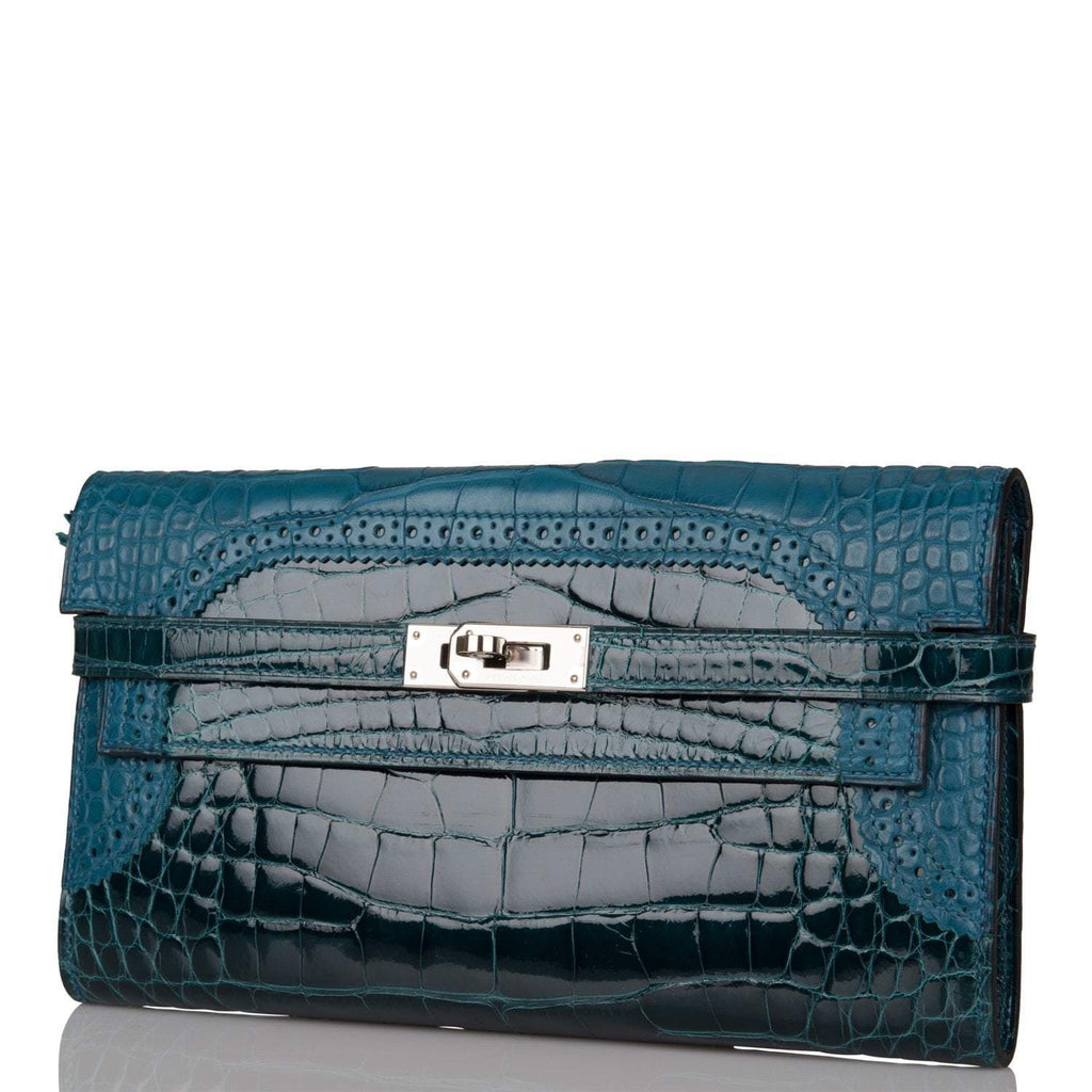 Hermes Kelly Long Wallet Bleu Colvert Alligator Ghillies Palladium Hardware