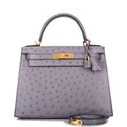 Hermes Kelly 28cm Bi-Color Gris Agate and Gris Perle Ostrich Sellier  Brushed Gold Hardware