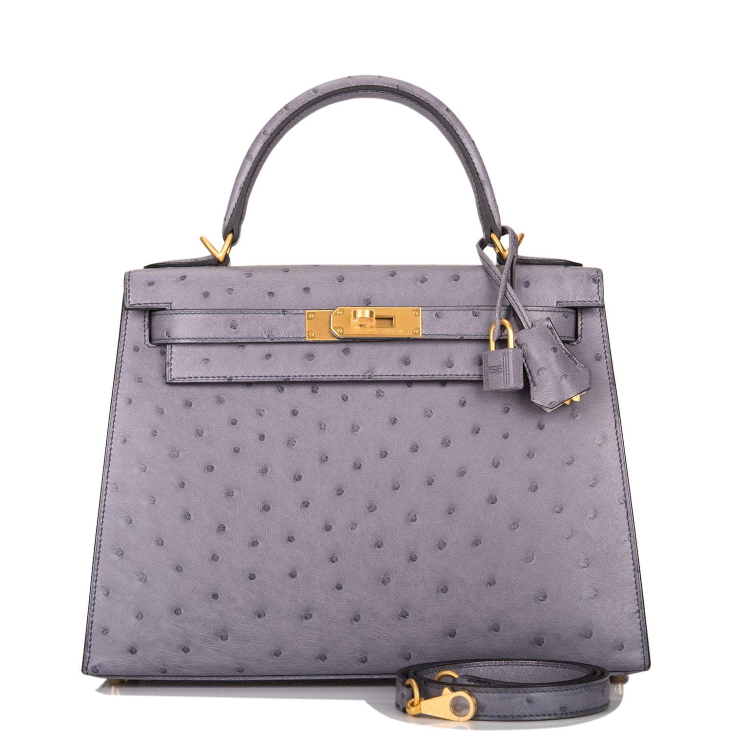 Hermes Kelly 28cm Bi-Color Gris Agate and Gris Perle Ostrich Sellier  Brushed Gold Hardware