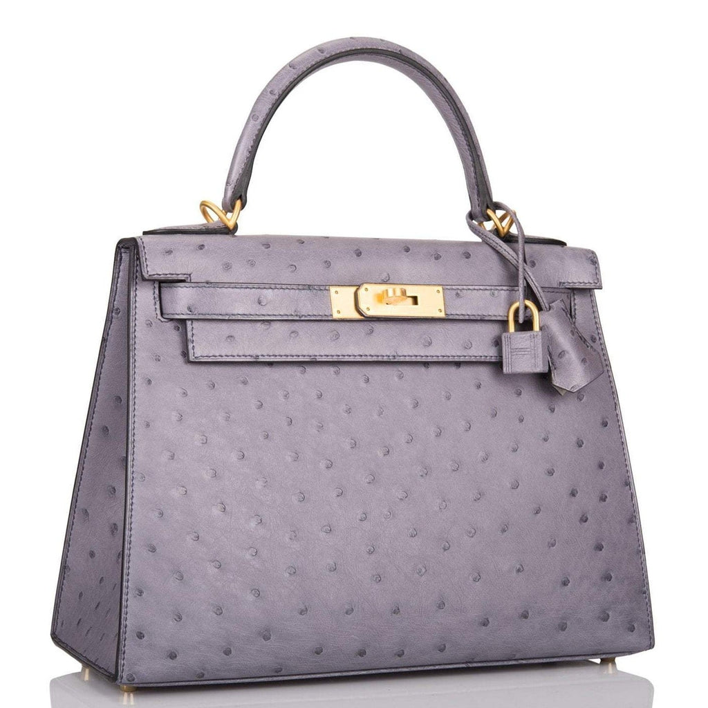 Hermes Kelly 28cm Bi-Color Gris Agate and Gris Perle Ostrich Sellier  Brushed Gold Hardware