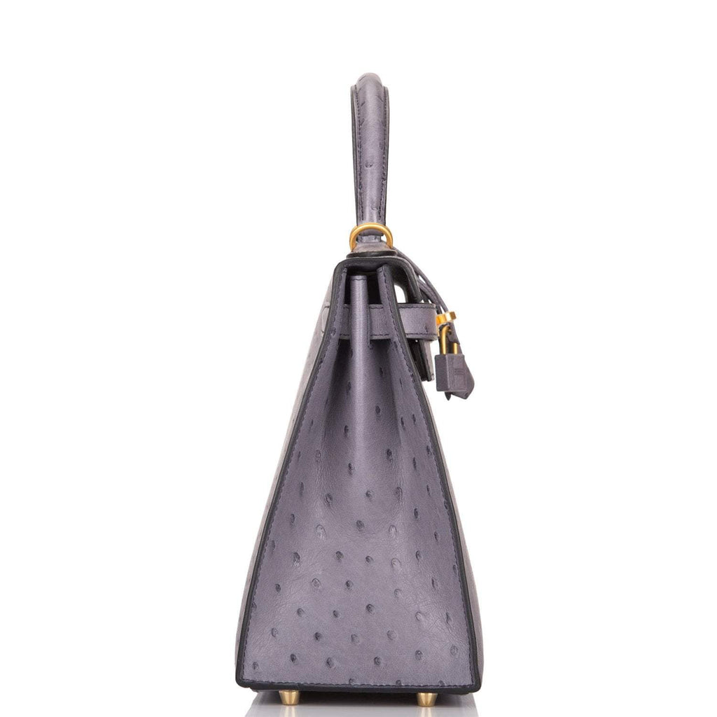 Hermes Kelly 28cm Bi-Color Gris Agate and Gris Perle Ostrich Sellier  Brushed Gold Hardware