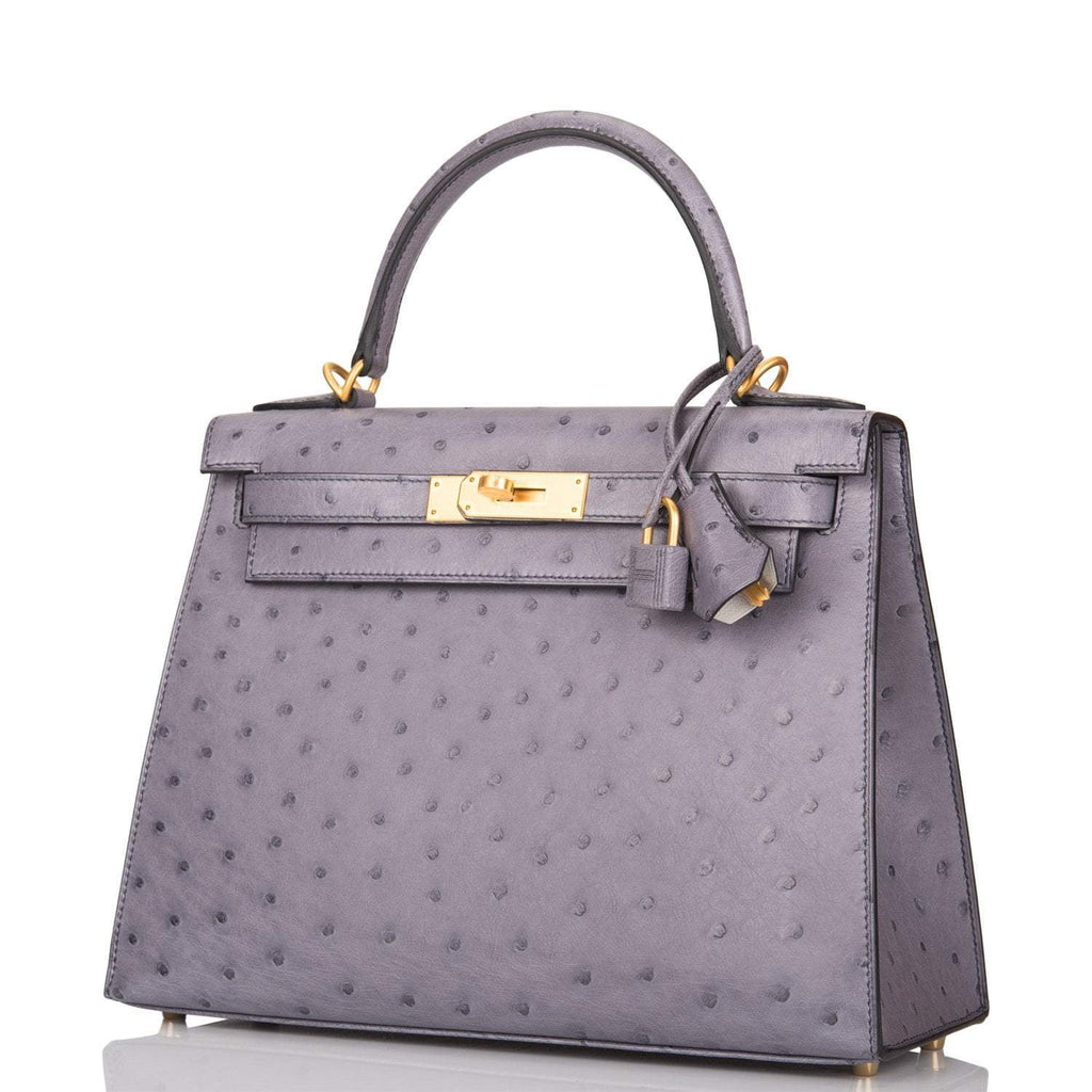 Hermes Kelly 28cm Bi-Color Gris Agate and Gris Perle Ostrich Sellier  Brushed Gold Hardware