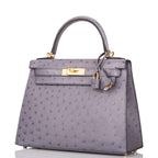 Hermes Kelly 28cm Bi-Color Gris Agate and Gris Perle Ostrich Sellier  Brushed Gold Hardware