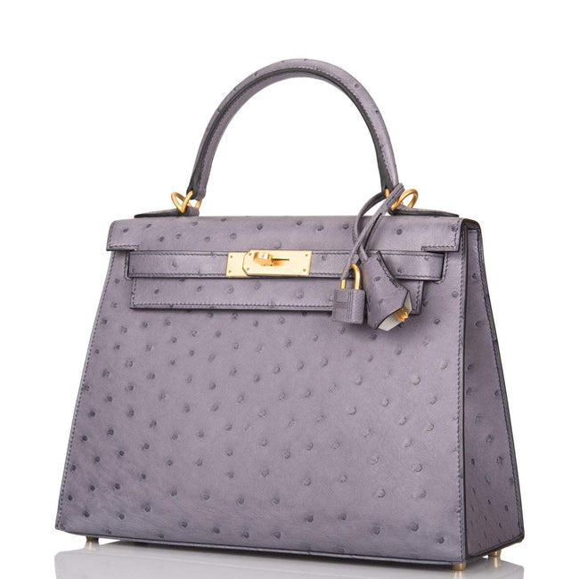 Hermes Kelly 28cm Bi-Color Gris Agate and Gris Perle Ostrich Sellier  Brushed Gold Hardware Main Image