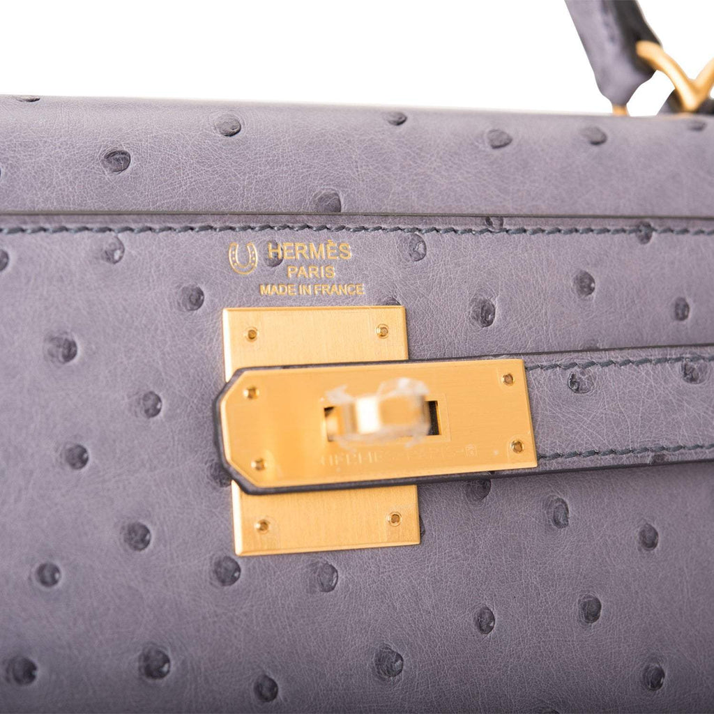 Hermes Kelly 28cm Bi-Color Gris Agate and Gris Perle Ostrich Sellier  Brushed Gold Hardware