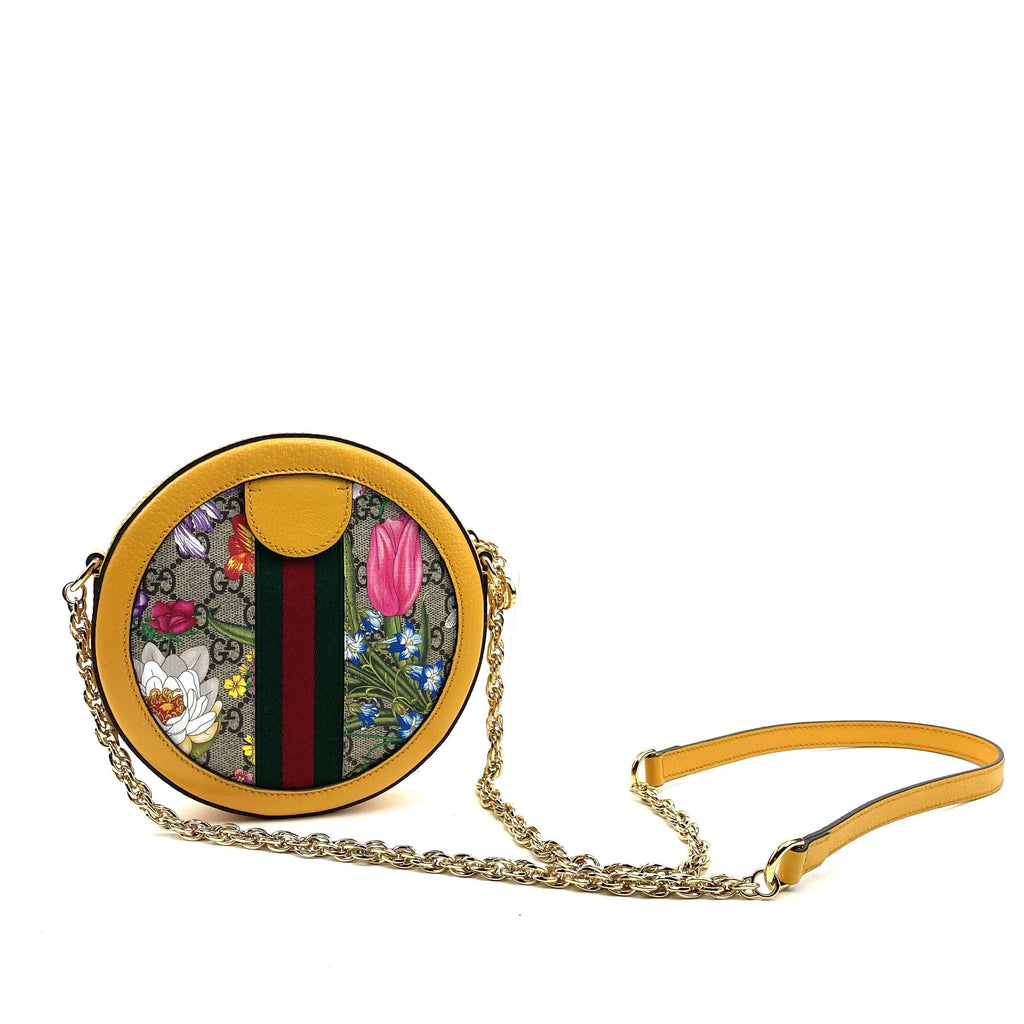 Yellow Ophidia GG Flora Mini Round Shoulder Bag