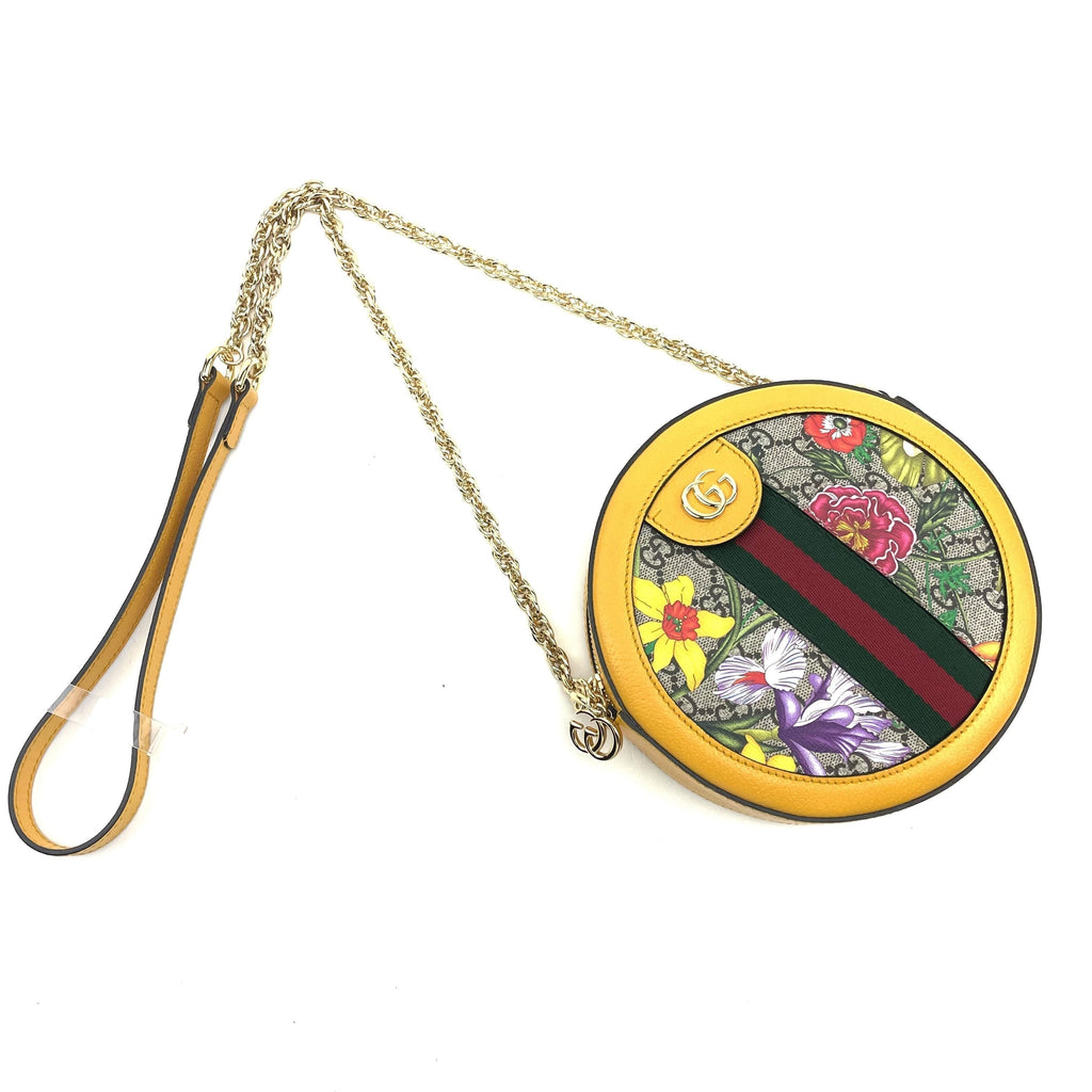 Yellow Ophidia GG Flora Mini Round Shoulder Bag