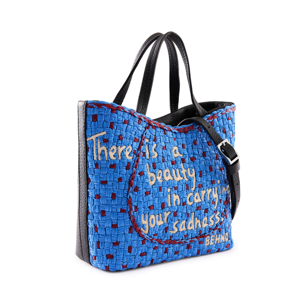 KATRINA MINI TOTE RAFFIA PEBBLE BLUE/BORDEAUX
