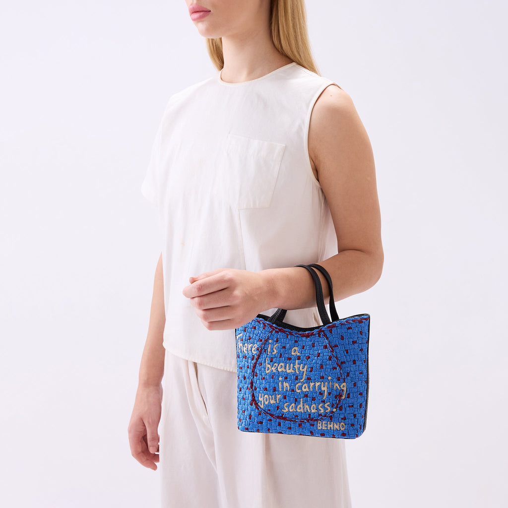 KATRINA MINI TOTE RAFFIA PEBBLE BLUE/BORDEAUX