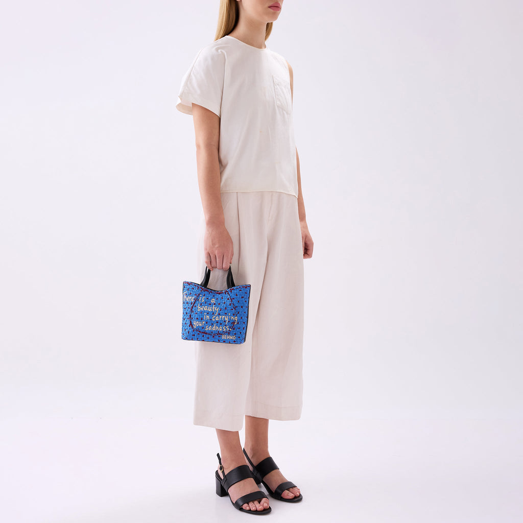 KATRINA MINI TOTE RAFFIA PEBBLE BLUE/BORDEAUX