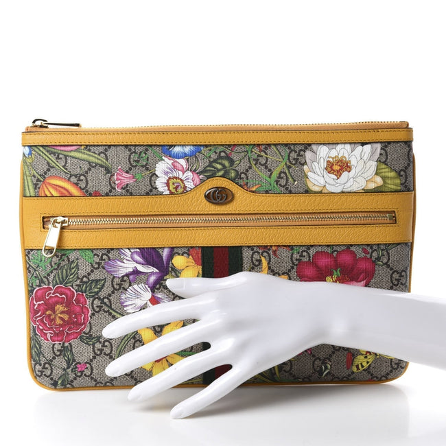 Gucci Ophidia Yellow Leather Supreme Canvas Flora Large Pouch Clutch Bag 517551 Main Image