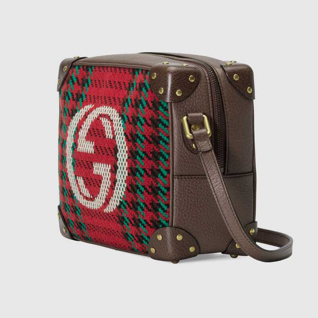 Houndstooth and Stripe Shoulder Bag with Interlocking G Red and Green Houndstooth Main Image