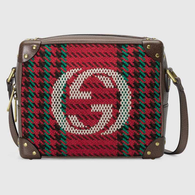 Houndstooth and Stripe Shoulder Bag with Interlocking G Red and Green Houndstooth Hover Image