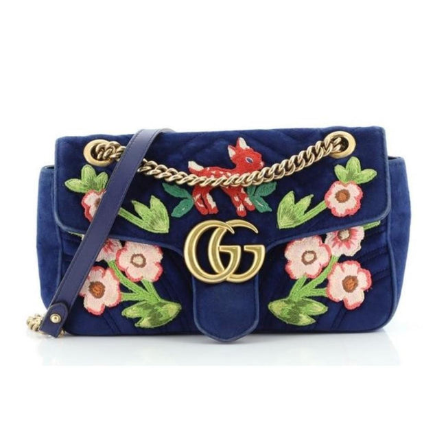 Gucci Flap Marmont GG Embroidered Matelasse Blue Velvet Cross Body 443497 Hover Image