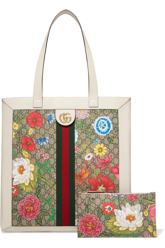 Gucci Ophidia GG Flora Canvas White Leather Vertical Shopping Tote 519335 Hover Image