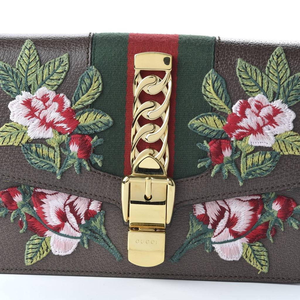 Gucci Sylvie Belt Bag Floral Rose Embroidered Brown Leather 476811