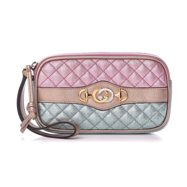 Gucci Women's Dionysus Logo Quilted Laminated Pink Blue Metallic Clutch 542202 Hover Image