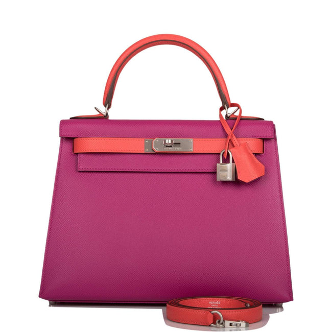 Hermes Kelly 28cm Bi-Color Rose Pourpre and Rose Jaipur Epsom Sellier Brushed Palladium Hardware Hover Image