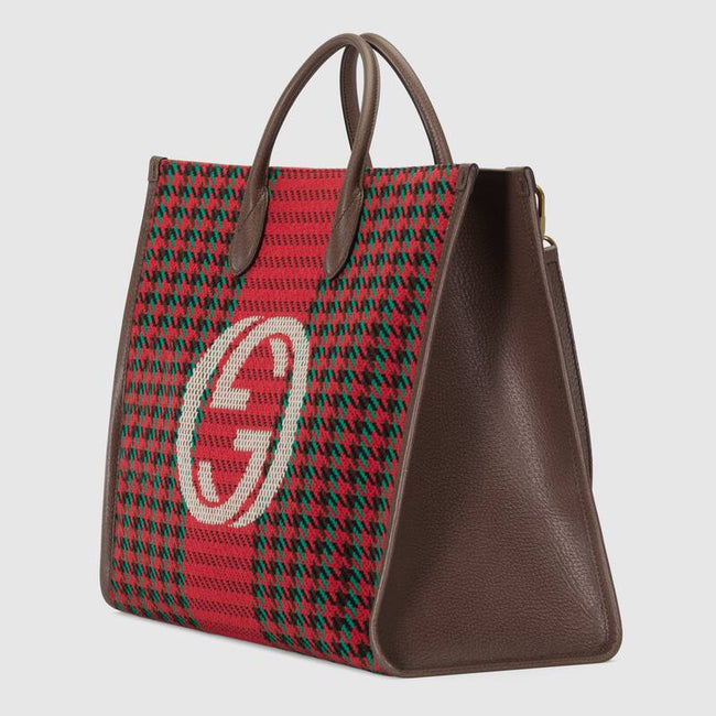 Houndstooth and Stripe Tote with Interlocking G Red and Green Main Image